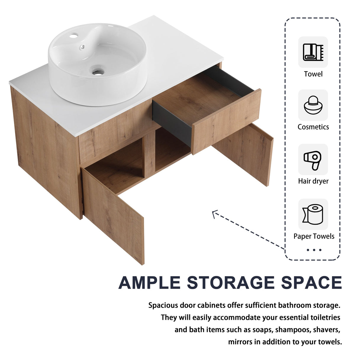 32(31-1/2") Inch Wall-Mounted Bathroom Vanity with Ceramic Art Sink and Countertop Flat Plate, 2-Soft Close Doors and 1-Drawer, KD-Packing, Plywood - BAB3098MOWH