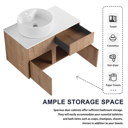 32(31-1/2") Inch Wall-Mounted Bathroom Vanity with Ceramic Art Sink and Countertop Flat Plate, 2-Soft Close Doors and 1-Drawer, KD-Packing, Plywood - BAB3098MOWH
