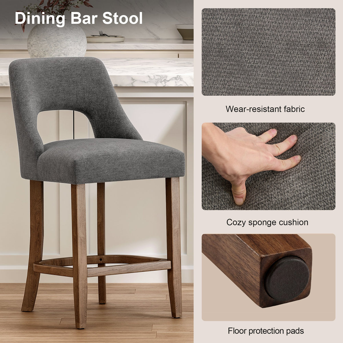 Bar Stools Set of 2, Upholstered Counter Height Bar Stools, Modern Counter Stools with Wood Legs for Kitchen Island Dining Room Bar, Dark Grey