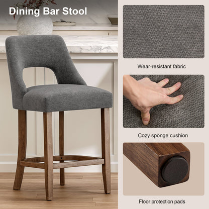 Bar Stools Set of 2, Upholstered Counter Height Bar Stools, Modern Counter Stools with Wood Legs for Kitchen Island Dining Room Bar, Dark Grey