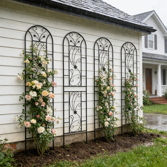 4 Pack Metal Garden Trellis 86.7" x 19.7" Rustproof Trellis for Climbing Plants Outdoor Flower Support Peacock Style Black