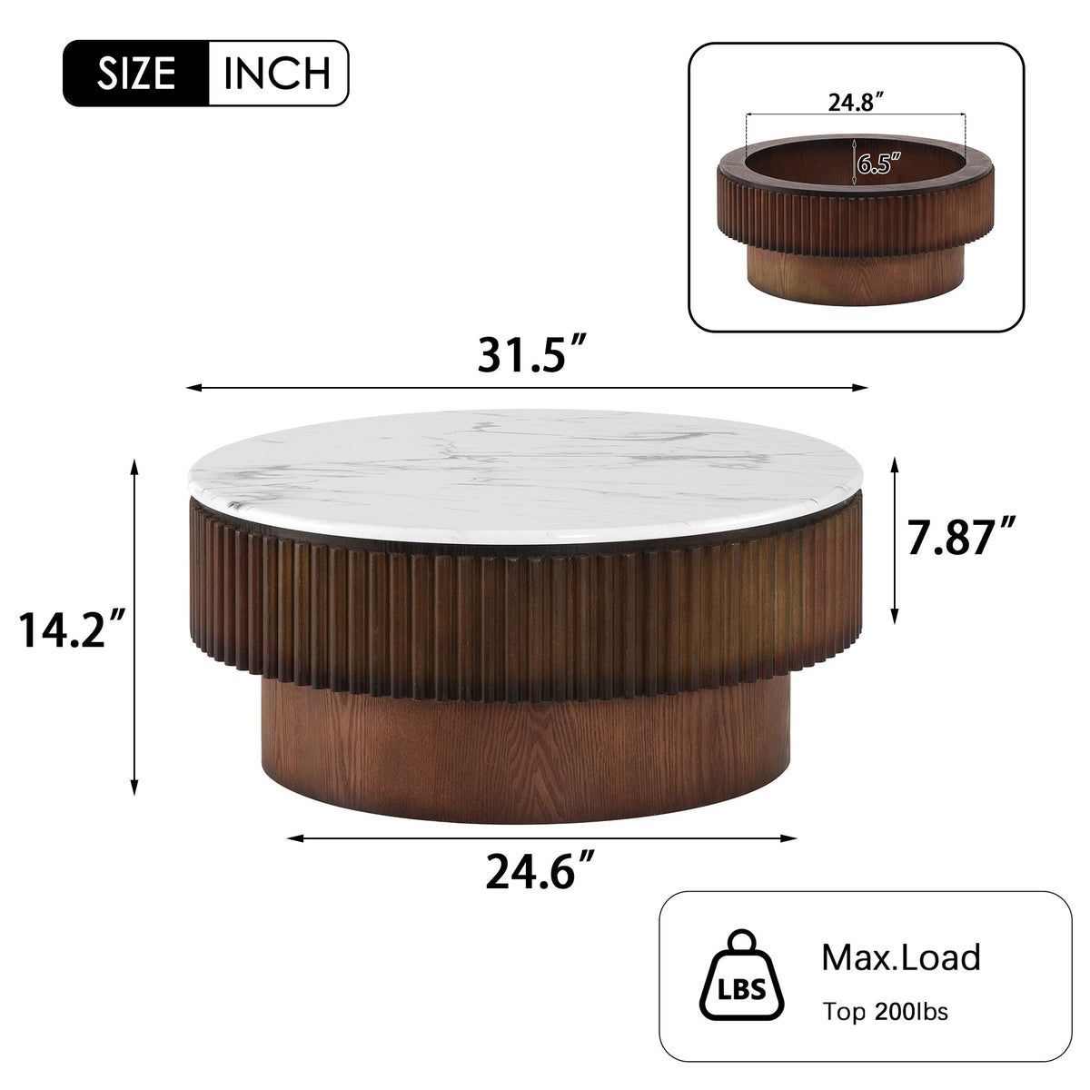 31.49'' Round Coffee Table with Storage, Modern Small Coffee Table with White Marble-Pattern Top & Solid Wood Fluted Base, Center Table for Living Room, Apartment, Office