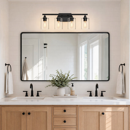 4-Light Matte Black Bathroom Vanity Light, Industrial Wall Fixture with Clear Glass Shade, Metal Bath Lamp for Medium Vanity Mirror(No light bulb)