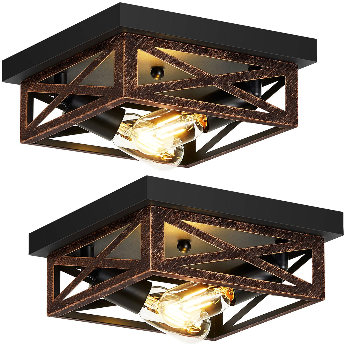 2 Pack 2-Light Matte Bronze Farmhouse Square Flush Mount Ceiling Light, Vintage Hollow Geometric Iron Cage Ceiling Lamp, Industrial Close to Ceiling Lighting for Dining Room(No light bulb)