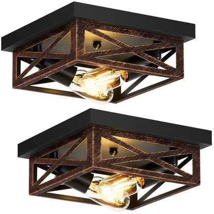 2 Pack 2-Light Matte Bronze Farmhouse Square Flush Mount Ceiling Light, Vintage Hollow Geometric Iron Cage Ceiling Lamp, Industrial Close to Ceiling Lighting for Dining Room(No light bulb)