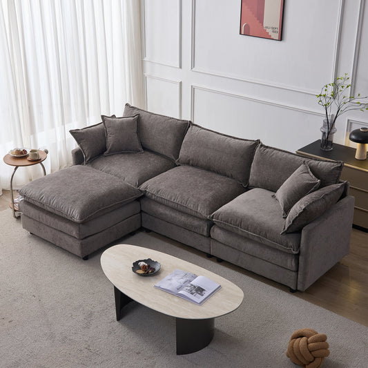 105" Modular Sectional Couch, Upholstered Soft Chenille Fabric Sofa, 3 Seater with Ottoman L Shape Sofa Grey