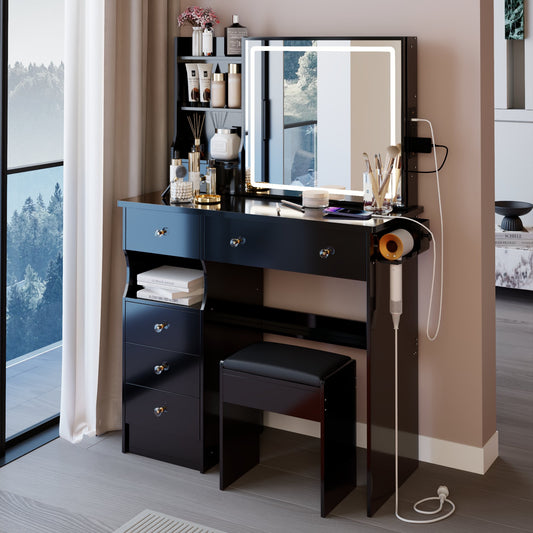 37" Left Drawer Desktop Vanity Table + Cushioned Stool, 2 AC+2 USB Socket, Hair Dryer Stand, Large Touch Control LED Sliding Mirror – Black