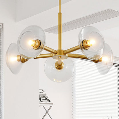 26" Modern Gold 5-Light Sputnik Chandelier with Clear Glass Shades, Mid-Century Hanging Pendant Light Fixture