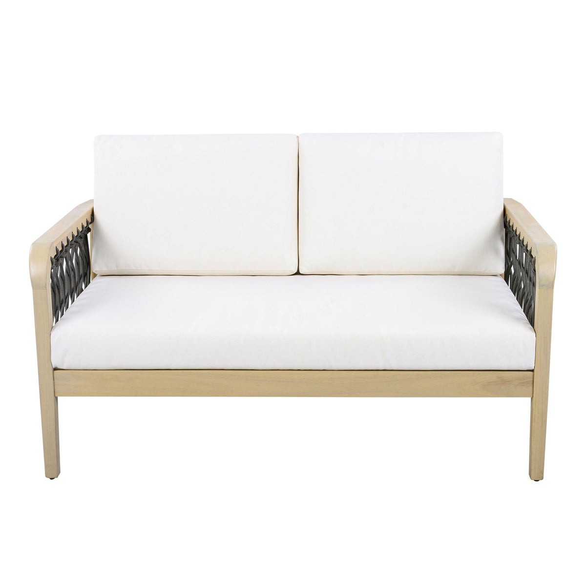 4-Piece Acacia Wood Outdoor Patio Furniture Set, All-Weather Conversation Sofa Set with Rope Woven Armrests, Removable Cushions for Backyard Garden,Light teak+Dark grey rope+Cream cushion