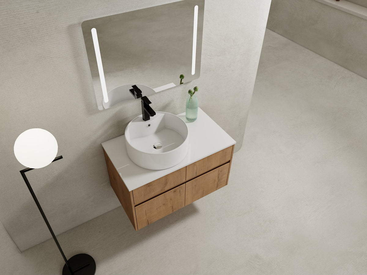 32(31-1/2") Inch Wall-Mounted Bathroom Vanity with Ceramic Art Sink and Countertop Flat Plate, 2-Soft Close Doors and 1-Drawer, KD-Packing, Plywood - BAB3098MOWH