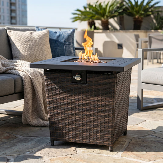 28-Inch Black Wicker Outdoor Propane Gas Fire Pit Table with Steel Top and 50, 000 BTU Heat Output