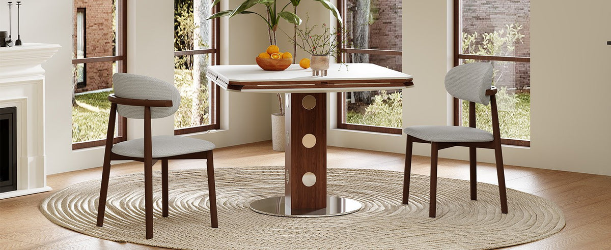 47.2' Extendable Multifunctional Round Dining Table for 4-6, Folding Kitchen Table with Drop Leaf, White Sintered Stone Top & Walnut Wood Column, Space-Saving for Small Apartments, Easy Assembly