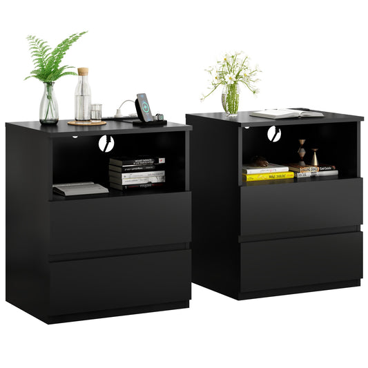 (Set of 2)End Table with Fast USB C Charging Station, Sofa Side Table with 2 Drawers, Large Storage Modern Wood Storage Cabinet, Black