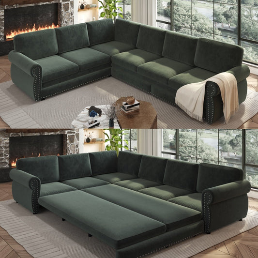 118" L-Shaped Sofa Couch with Pull-Out Bed,Oversize Convertible Sleeper Sofa with Nailhead Trim & Rolled Arm,Chenille Upholstered Sectional Couches, for Living Room,Green(Old SKU:W1885S00260)