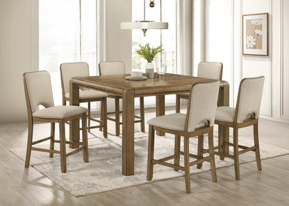 2pc Counter Height Chairs Padded Seating Soft Neutral Fabric Warm Wood Finish Dining Room Wooden Furniture Brown