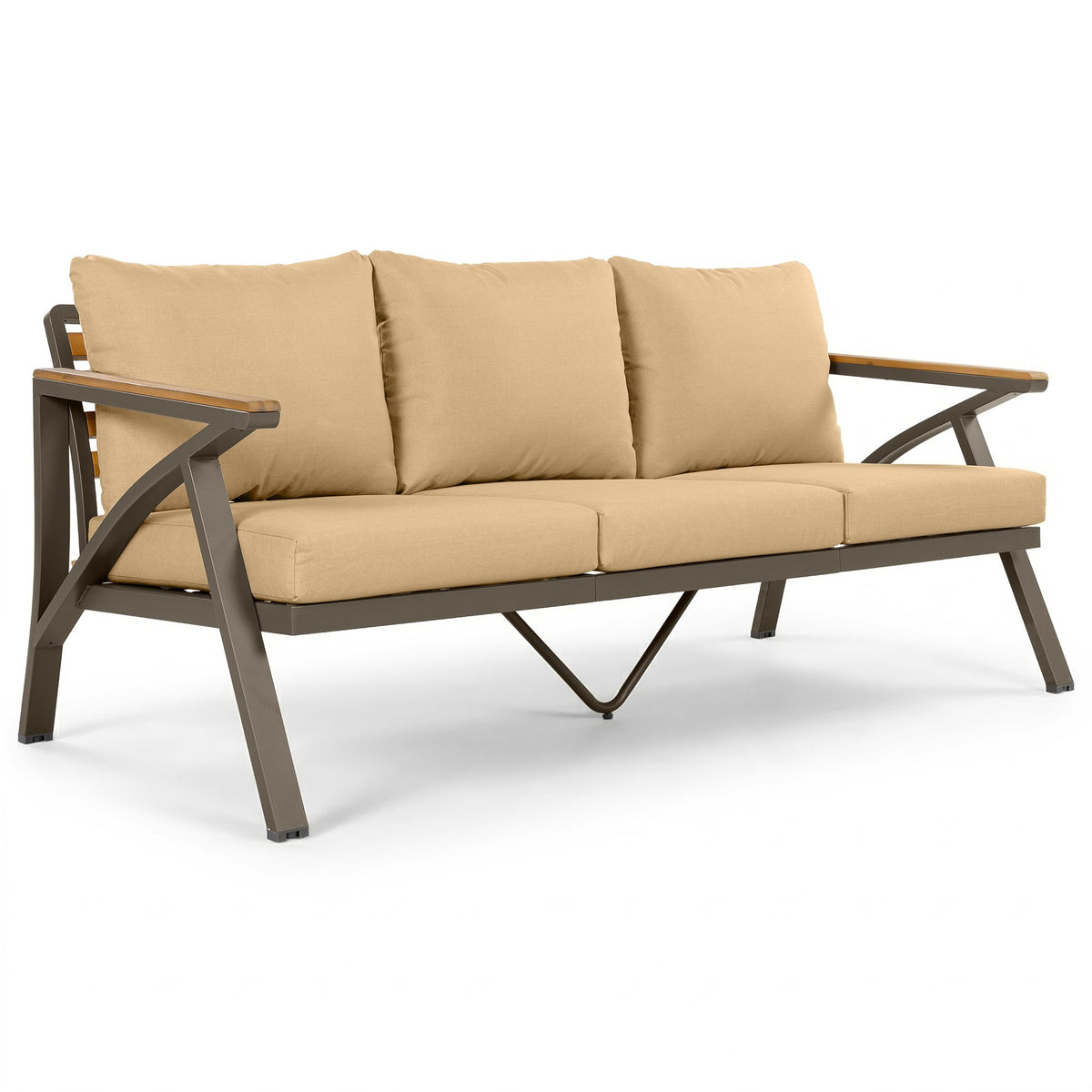 6-Piece Outdoor Patio Furniture Set, Steel Frame Sofa Set with 3-Seat Couch, 2 Armchairs, 2 Ottomans & Acacia Wood Coffee Table, Cushioned Seating for Backyard, Garden, Poolside, Brown Cushion