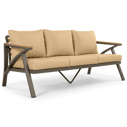 6-Piece Outdoor Patio Furniture Set, Steel Frame Sofa Set with 3-Seat Couch, 2 Armchairs, 2 Ottomans & Acacia Wood Coffee Table, Cushioned Seating for Backyard, Garden, Poolside, Brown Cushion