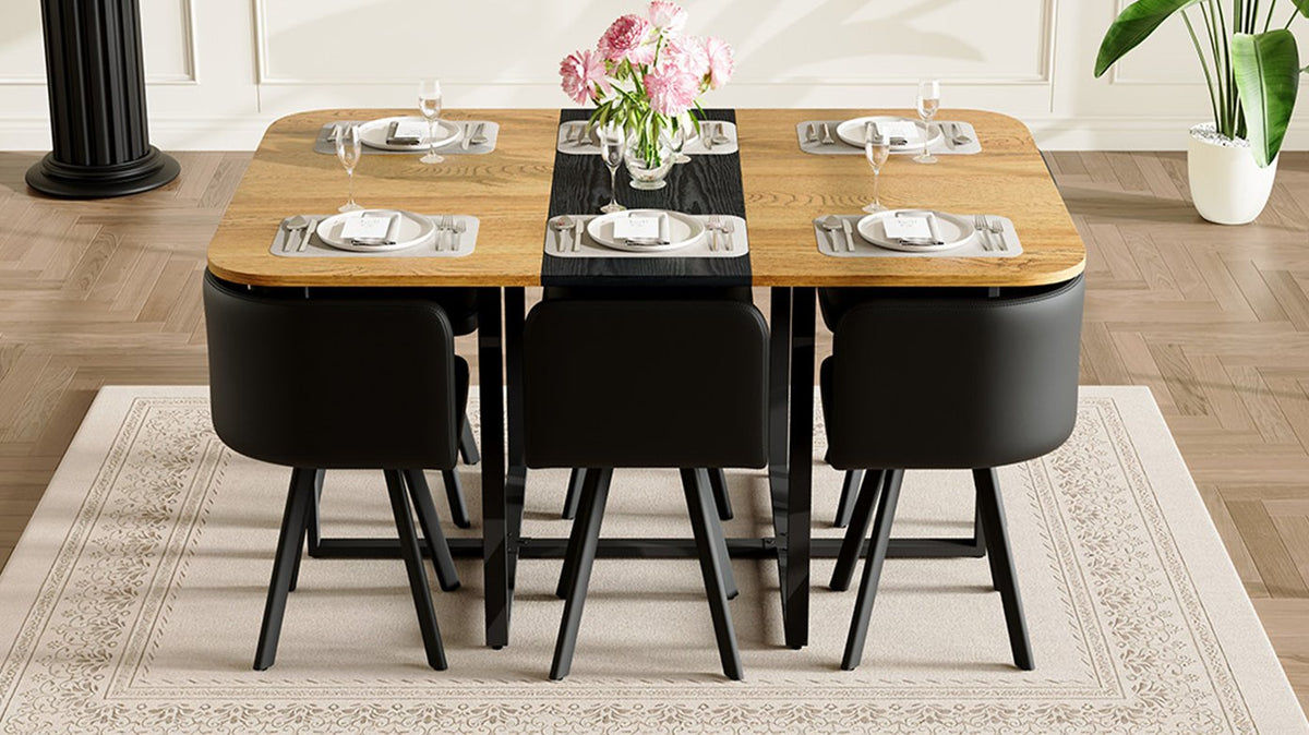 7-Piece Rectangular Dining Table Set, Fixed Two-Tone Wood Grain & Black Triamine Tabletop with 6 Black PU Leather Chairs