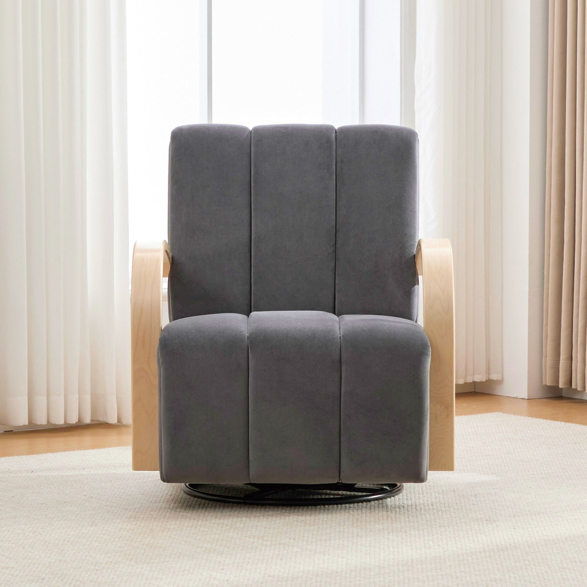 30.7"W Upholstered 360° Swivel Accent Chair with Solid Wood Armrests and Comfy Channel Tufted Lounge Reading Chair, Single Sofa Armchair for Hotel Bedroom Living Room Office and Bedroom. Charcoal
