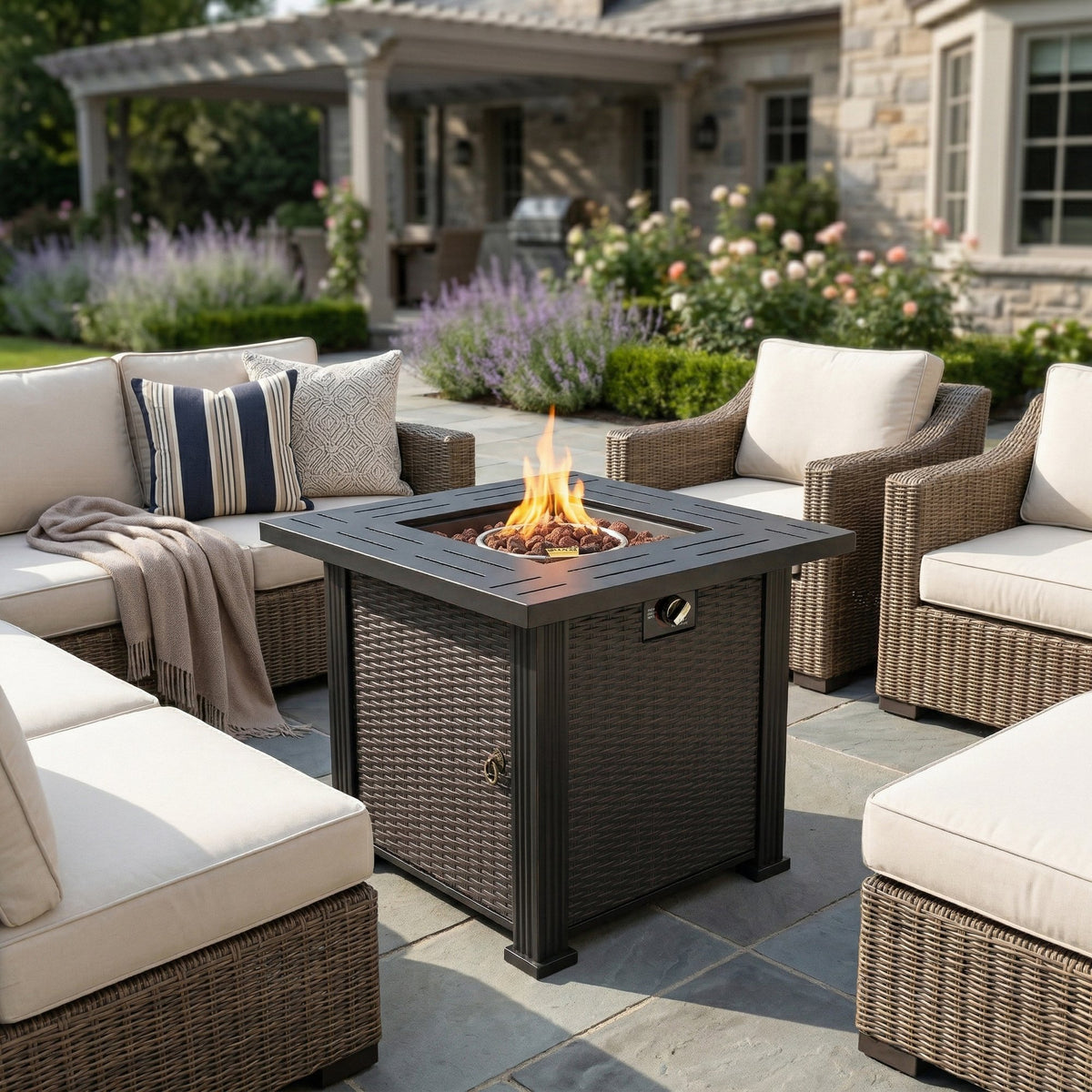 28" Propane Gas Fire Pit Table, 50000 BTU Square Steel Fire Pit for Outside Patio Deck Garden Backyard-Black