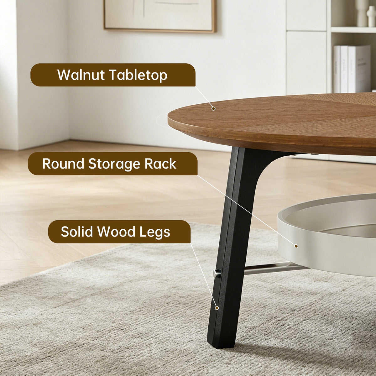 35.43" Round Coffee Table with Storage Shelf, Walnut Wood Grain Finish with Black Wood Legs, Modern Minimalist Center Table for Living Room, Farmhouse Accent Furniture for Small Spaces, Easy Assembly