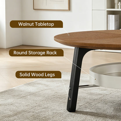 35.43" Round Coffee Table with Storage Shelf, Walnut Wood Grain Finish with Black Wood Legs, Modern Minimalist Center Table for Living Room, Farmhouse Accent Furniture for Small Spaces, Easy Assembly