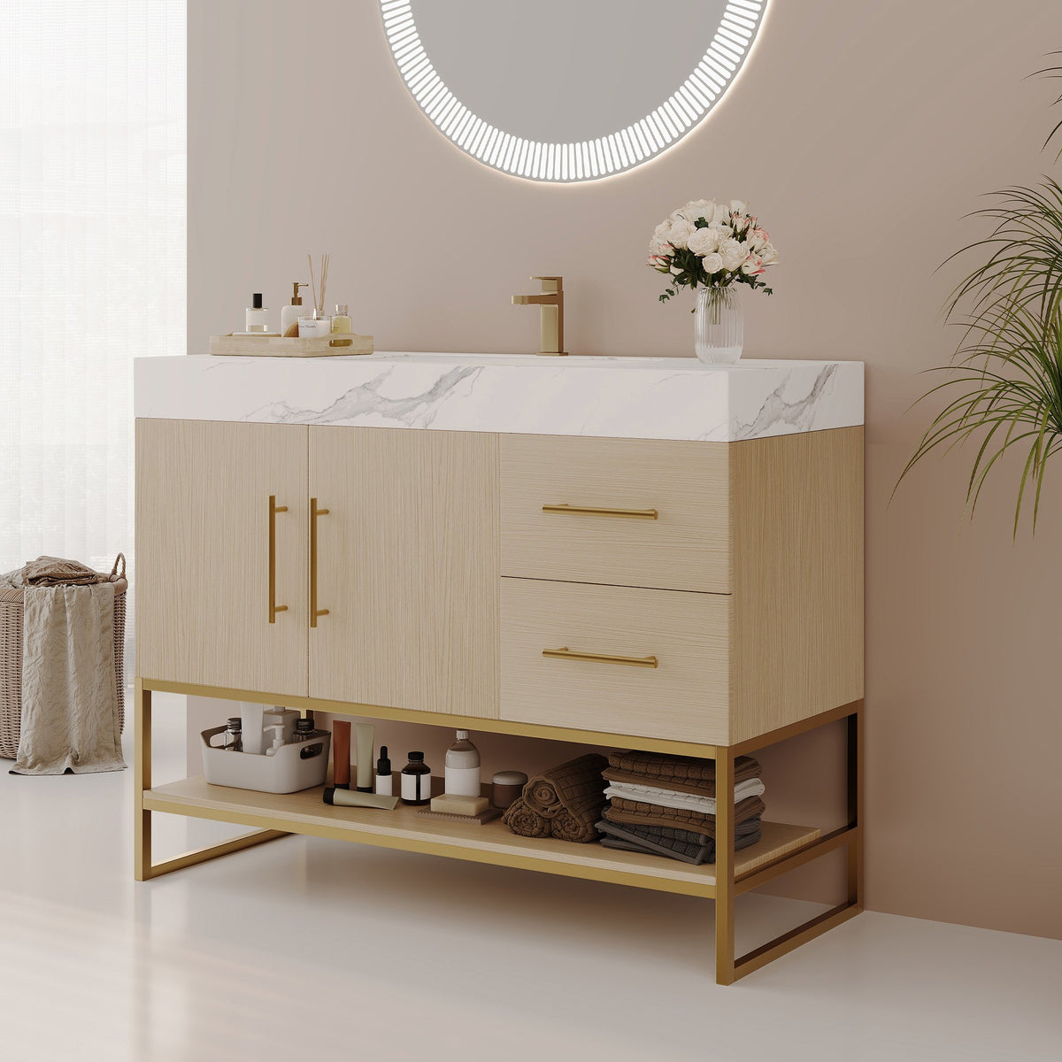 36" Modern Free-Standing Bathroom Vanity with Seamless Ceramic Sink & Sintered Stone Top