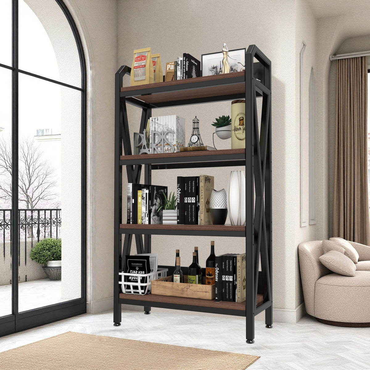 56.30'' Bakers Rack 4-Level Storage Shelves Metal and Wooden Kitchen Shelves, Kitchen Organizers and Storage, for Garage, Pantry, Closet