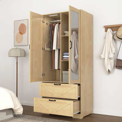 2 Door Wood Wardrobe for Bedroom with Hanging Clothing Rod inside the Cabinet and 2 Drawers for Storage Organization – Natural