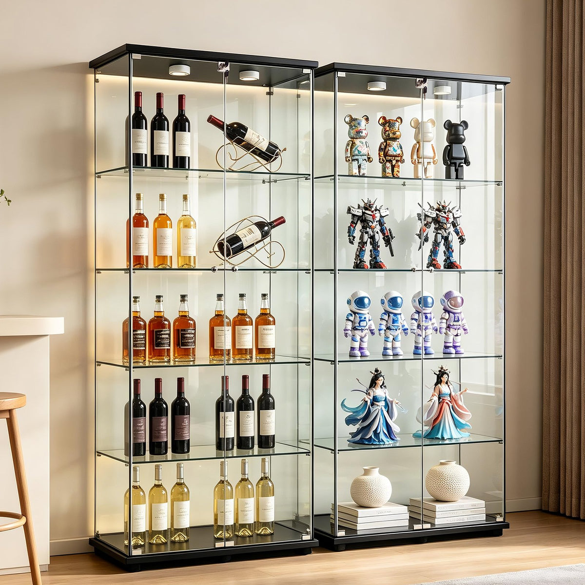 5-Tier Glass Display Cabinet with Lights, Double Doors and Lock, Curio Cabinet Tempered Glass Floor Standing Bookshelf for Living Room, Bedroom, Office, 74 x 31 x 14 in, Black
