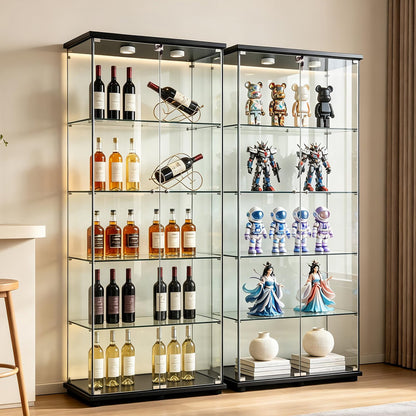 5-Tier Glass Display Cabinet with Lights, Double Doors and Lock, Curio Cabinet Tempered Glass Floor Standing Bookshelf for Living Room, Bedroom, Office, 74 x 31 x 14 in, Black