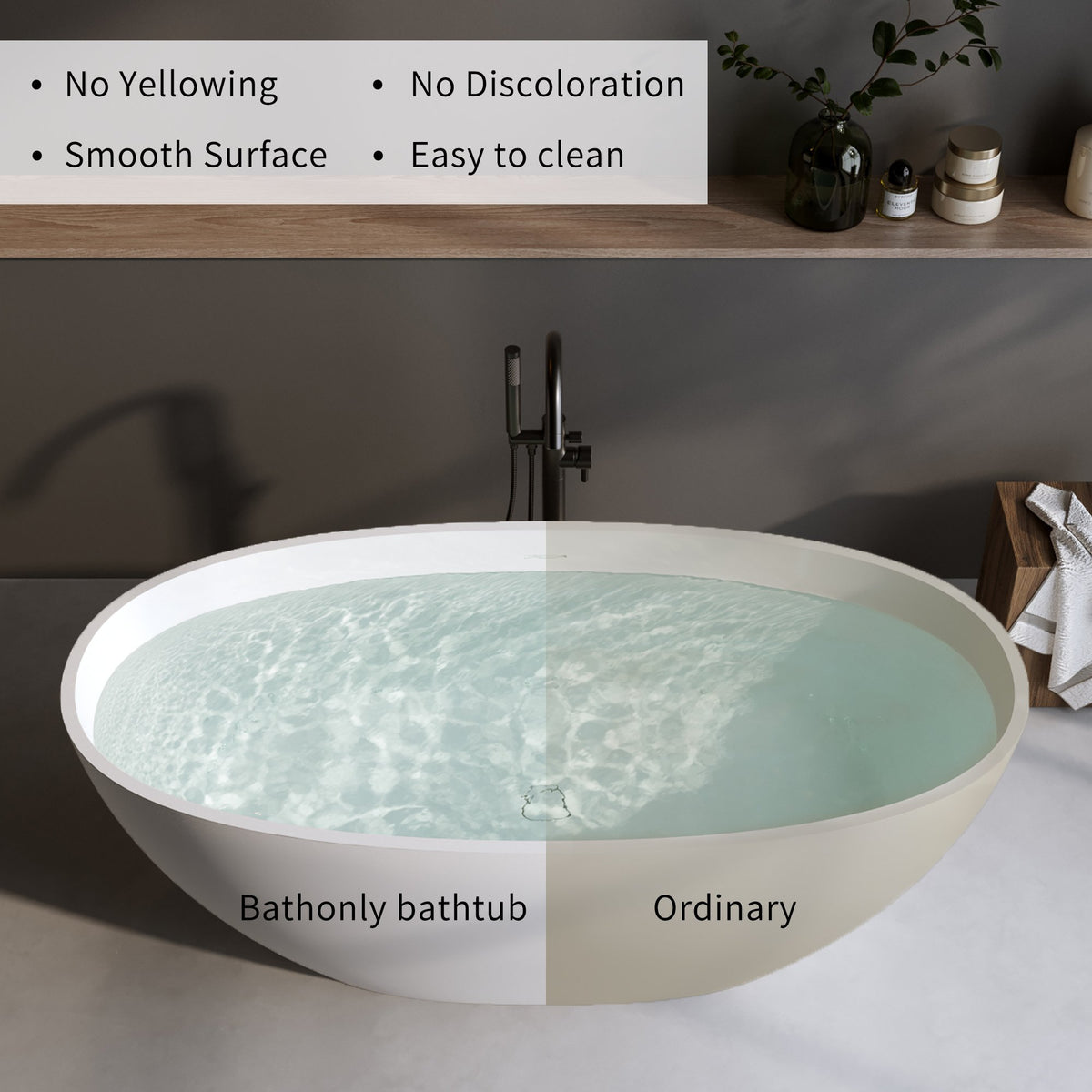 70.8″Solid Surface Matte Tub, Solid Surface Soaking Tub, Stone Resin Freestanding Bathtub, Thick Edge Stand Alone Tubs with Overflow