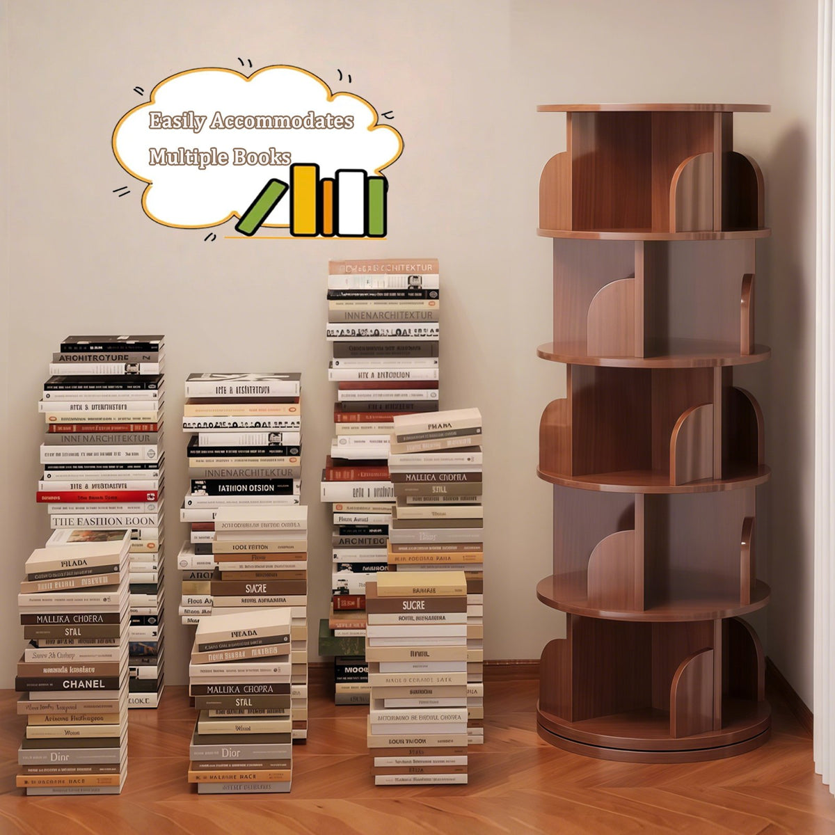 5 Tier Rotating Bookshelf, 360° Display Round Spinning Bookshelf, Space-Saving, Small Space Rotating Bookshelf Tower, Walnut