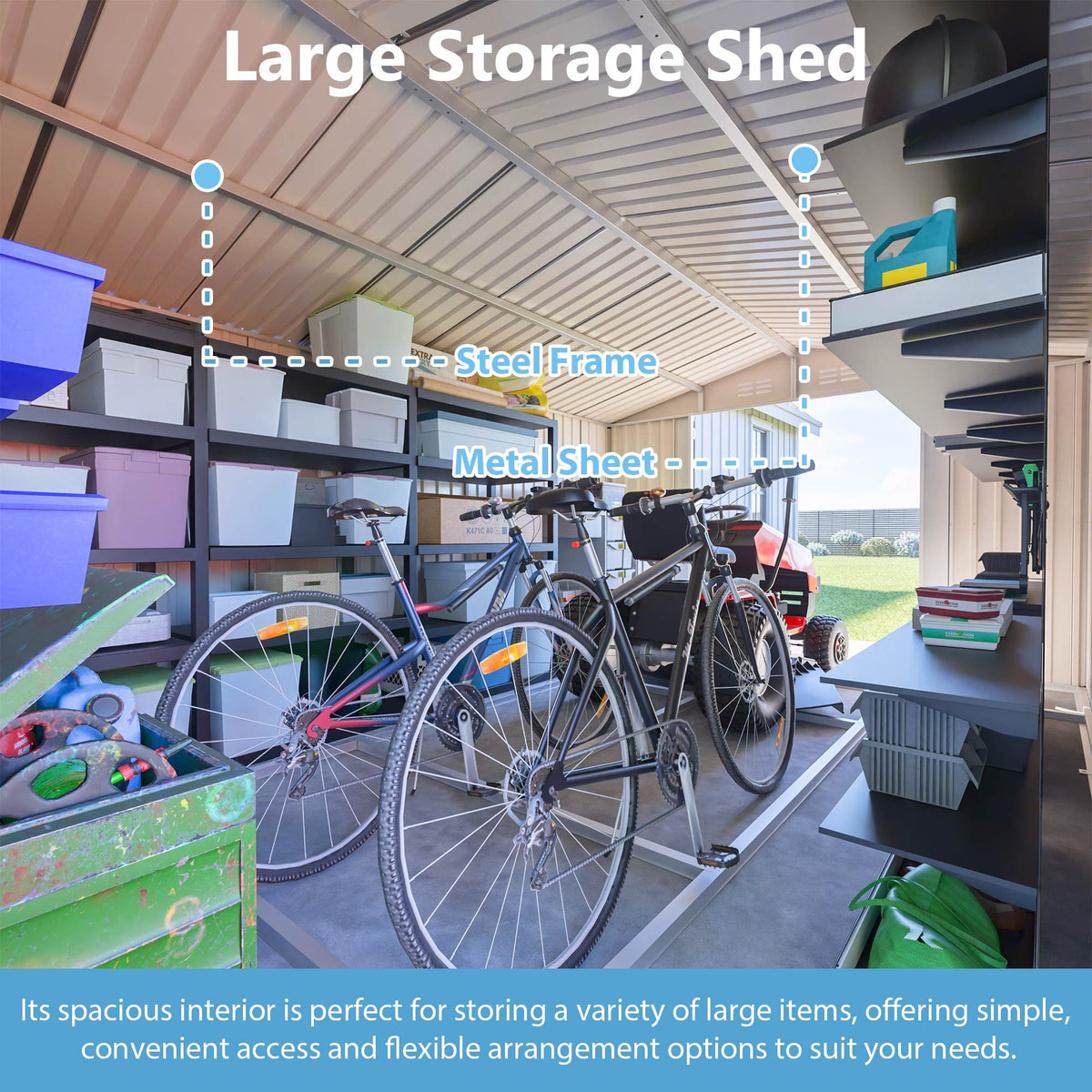 10x14 FT Outdoor Metal Storage Shed, Large Garden Shed Tool Shed with 3 Lockable Doors & Side Door