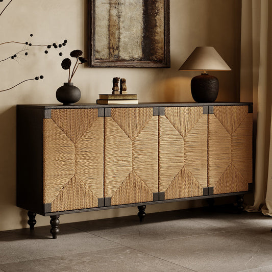 Accent Natural Sideboard Buffet Cabinet Storage Wood TV Stand in Wire-Brushed and Seagrass Doors Sideboard, for Hallway, Entryway or Dining Room