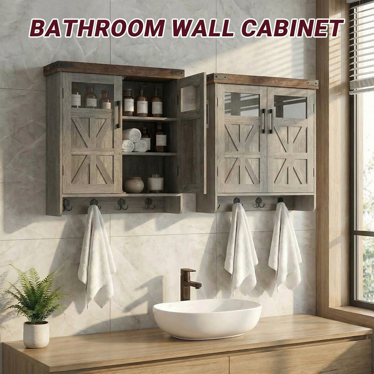 Bathroom Wall Cabinet Wall, Over Toilet Storage Cabinet, Bathroom Medicine Cabinet with Adjustable Shelves & Hook, Farmhouse Bathroom Storage for Small Bathrooms, Kitchen, Laundry