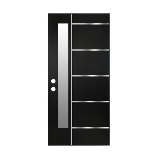 36 x 80 Textured Finished FRP Door Slab, Double-sided Frosted Glass Modern Style for Home's Front Door Slab,Right Hand Inswing Black Fiber Reinforced Panel Door Slab With Metal Strip