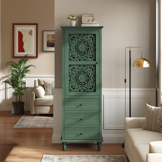 63" Tall Farmhouse Vintage Decorative Cabinet with Carved Door & 3 Drawers, Freestanding Tall Side Cabinet with Interior Storage, Retro Display Cabinet for Living Room Entryway Dining Room,Green