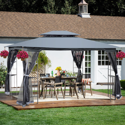 13x10 Outdoor Patio Gazebo Canopy Tent With Ventilated Double Roof And Mosquito net(Detachable Mesh Screen On All Sides), Gray Top