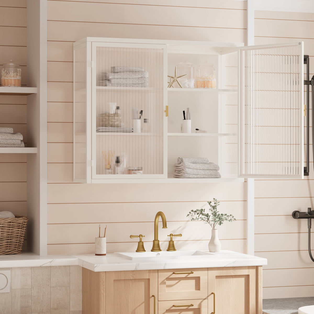 27.56"Glass Doors Modern Two-door Wall Cabinet with Featuring Three-tier Storage for Entryway Living Room Bathroom Dining Room,White(same sku:W757119328)