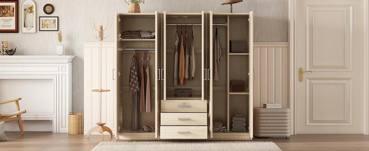 6-Doors Wooden Wardrobe Storage, with Big Drawers, Brown