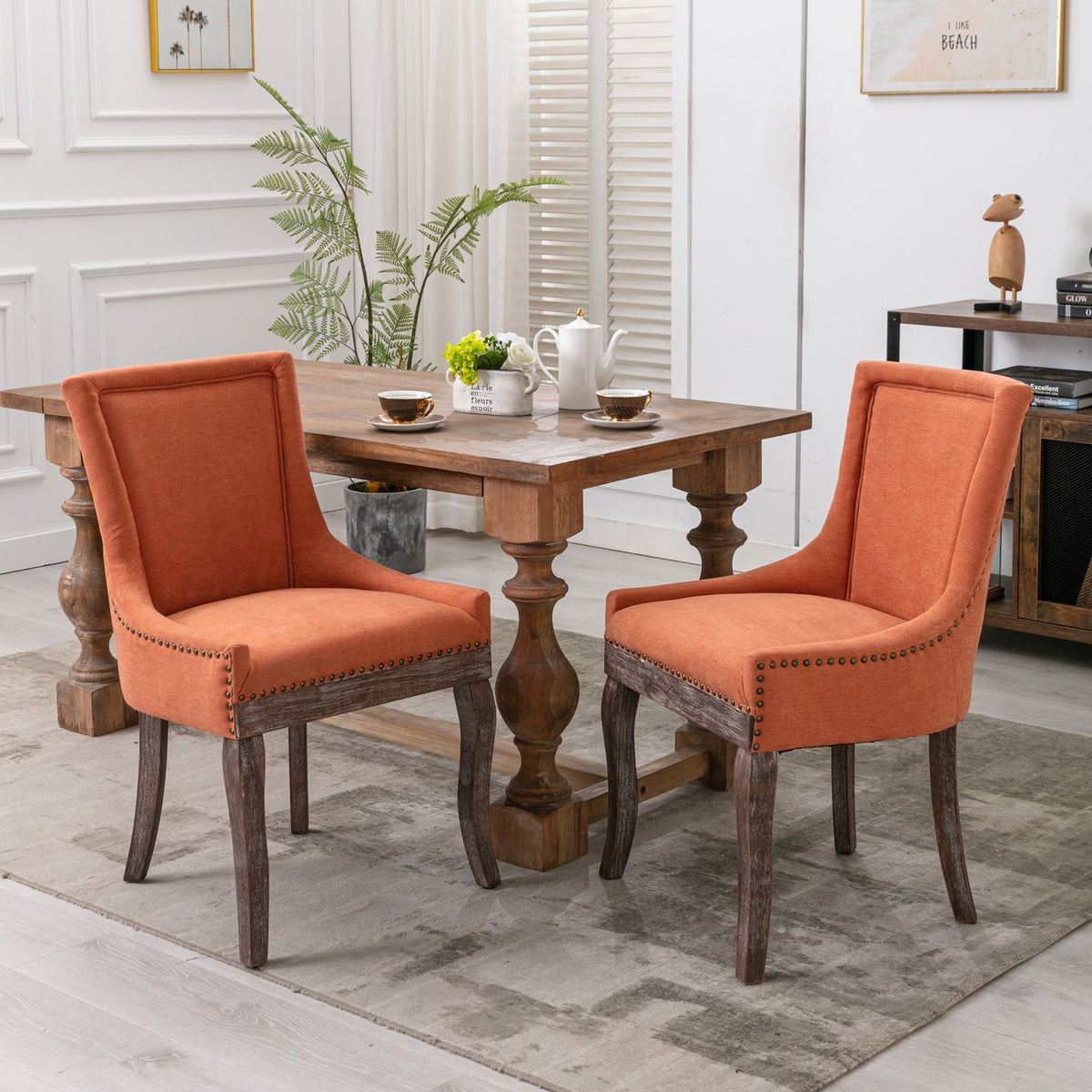 A&A Furniture, Ultra Side Dining Chair, Thickened fabric chairs with neutrally toned solid wood legs, Bronze nail head, Set of 2, Orange