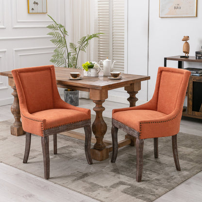 A&A Furniture, Ultra Side Dining Chair, Thickened fabric chairs with neutrally toned solid wood legs, Bronze nail head, Set of 2, Orange