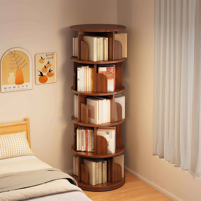 5 Tier Rotating Bookshelf, 360° Display Round Spinning Bookshelf, Space-Saving, Small Space Rotating Bookshelf Tower, Walnut