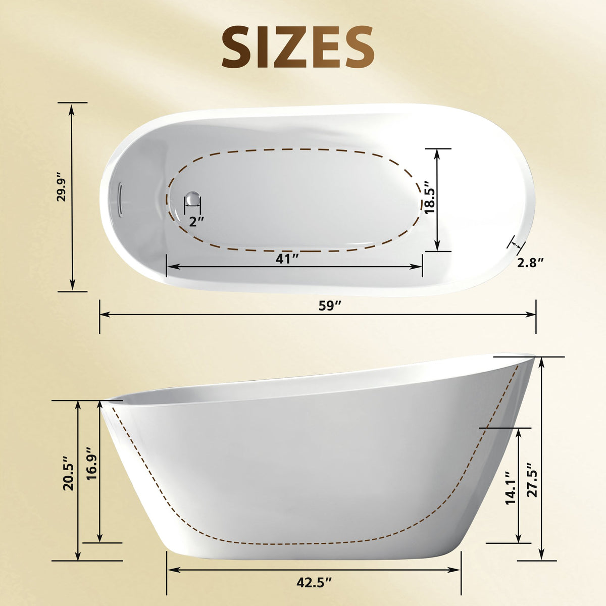 59" Special-Shaped Freestanding Slipper Bathtub in Gloss White with Chrome Overflow & Pop-Up Drain, Pure Acrylic Construction