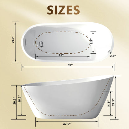 59" Special-Shaped Freestanding Slipper Bathtub in Gloss White with Chrome Overflow & Pop-Up Drain, Pure Acrylic Construction