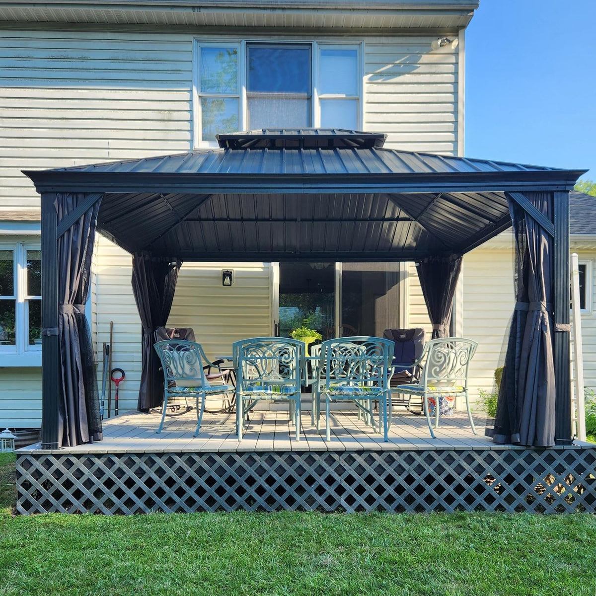12" X 14" Hardtop Gazebo Permanent Aluminum Outdoor Gazebo with Galvanized Steel Double Roof, Drainage Gutters, Curtains