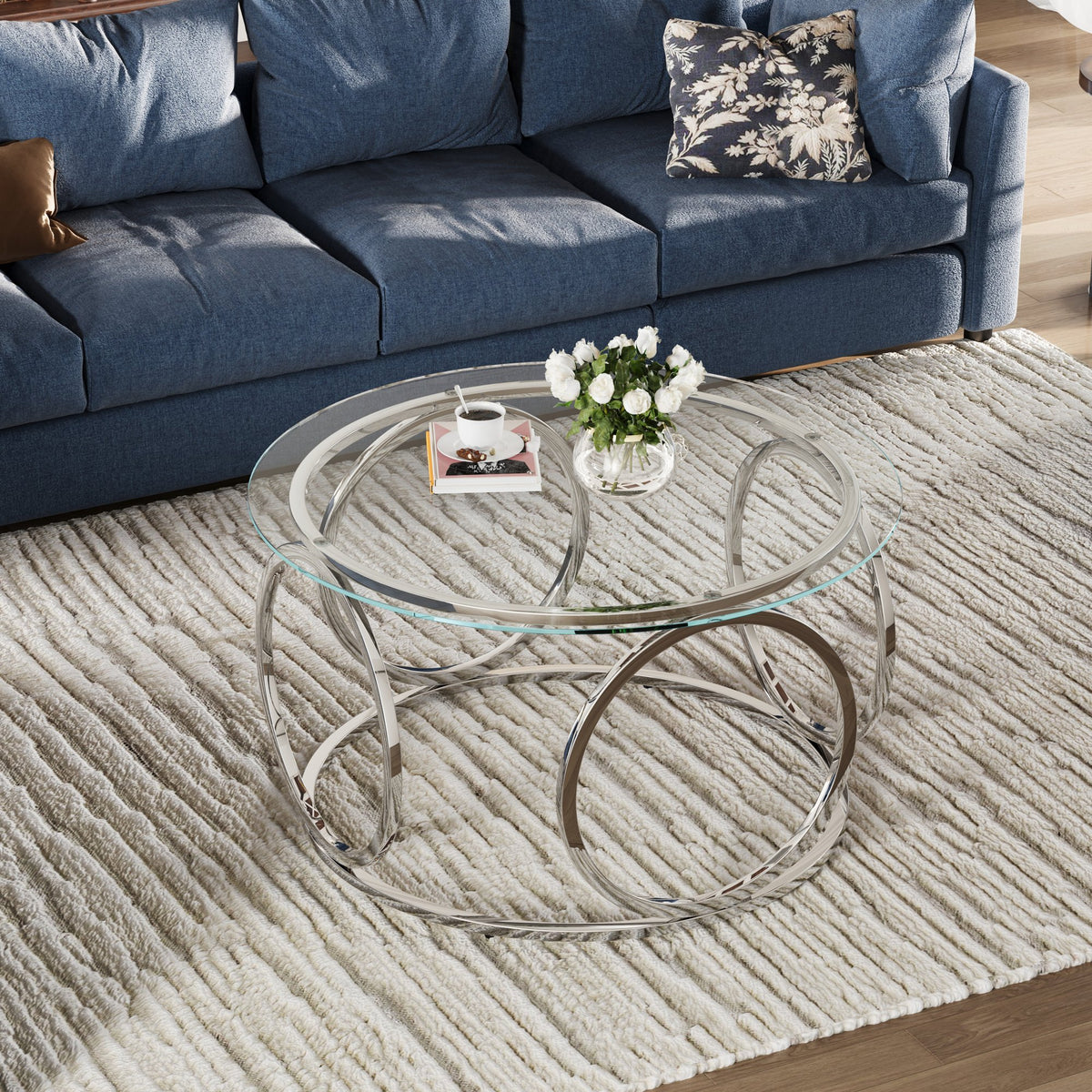 31.5"Modern Round Glass Top Coffee Table with Circular Metal Frame, Contemporary Accent Center Table for Living Room, Office, and Lounge(Ultra-Clear Glass + Chrome Frame)