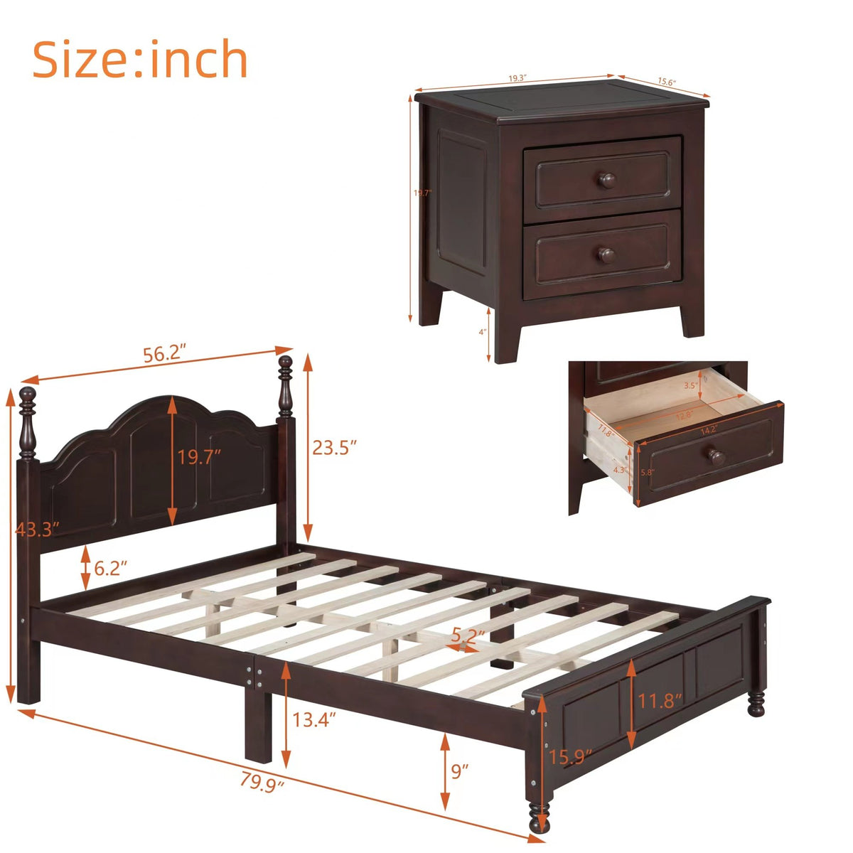 3-Pieces Bedroom Sets, Full Size Wood Platform Bed and Two Nightstands-Dark Walnut