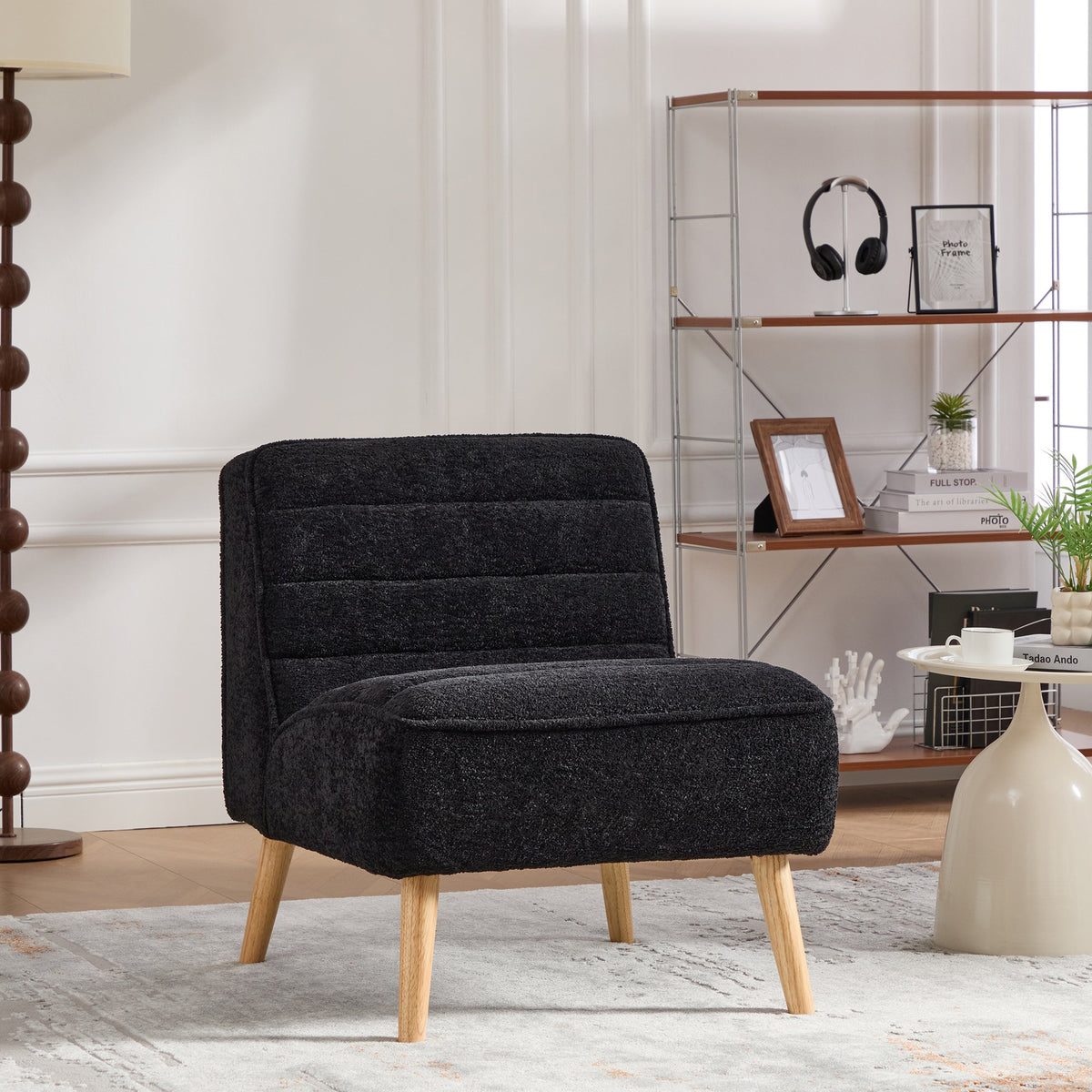 24.4" Wide Modern Upholstered Armless Chair with Rubber Wood Legs, Chenille Accent Chair for Living Room,Bedroom,Office and Reading Room.  Black
